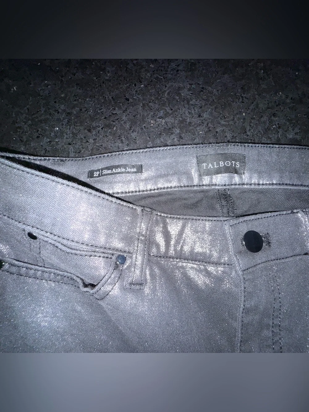 UEC TALBOTS SLIM ANKLE JEANS PEWTER FOIL DARK SILVER METALLIC STRETCH SZ 2P
